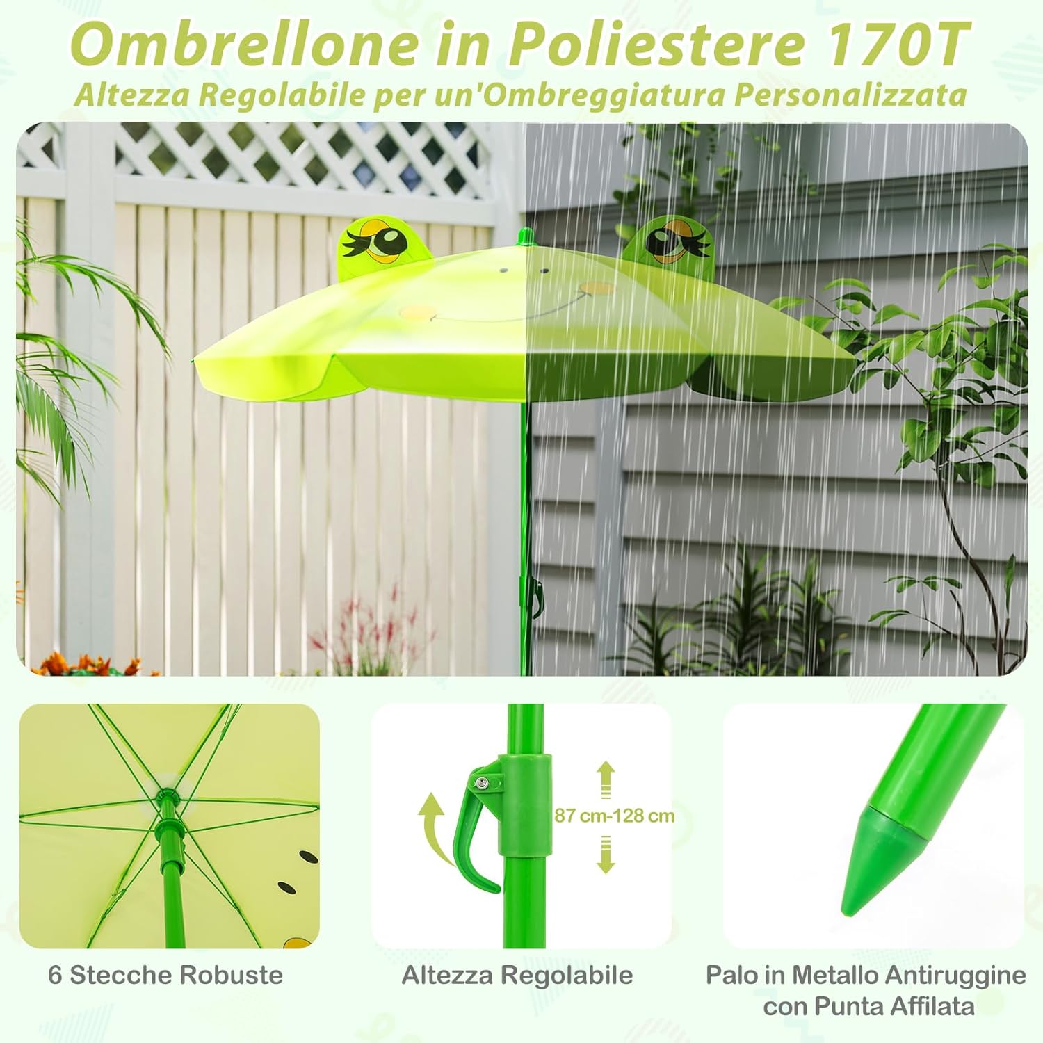 Set Tavolo da Giardino Bambini con 2 Sedie Pieghevoli, Tavolino da Esterno con Ombrellone in Poliestere Regolabile in Altezza, Set Mobili da Giardino per Bambini 3-6 Anni (Rana, Verde Chiaro)