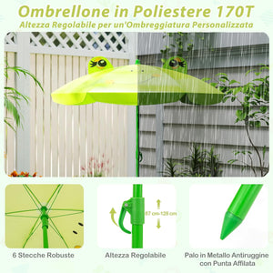 Set Tavolo da Giardino Bambini con 2 Sedie Pieghevoli, Tavolino da Esterno con Ombrellone in Poliestere Regolabile in Altezza, Set Mobili da Giardino per Bambini 3-6 Anni (Rana, Verde Chiaro)