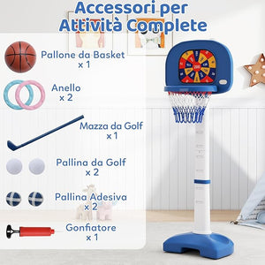 4 in 1 Pallacanestro per Bambini, Canestro da Basket Regolabile con Gioco dell'Anello, Palla Appiccicosa e Set da Golf, 53x51x100-140 cm