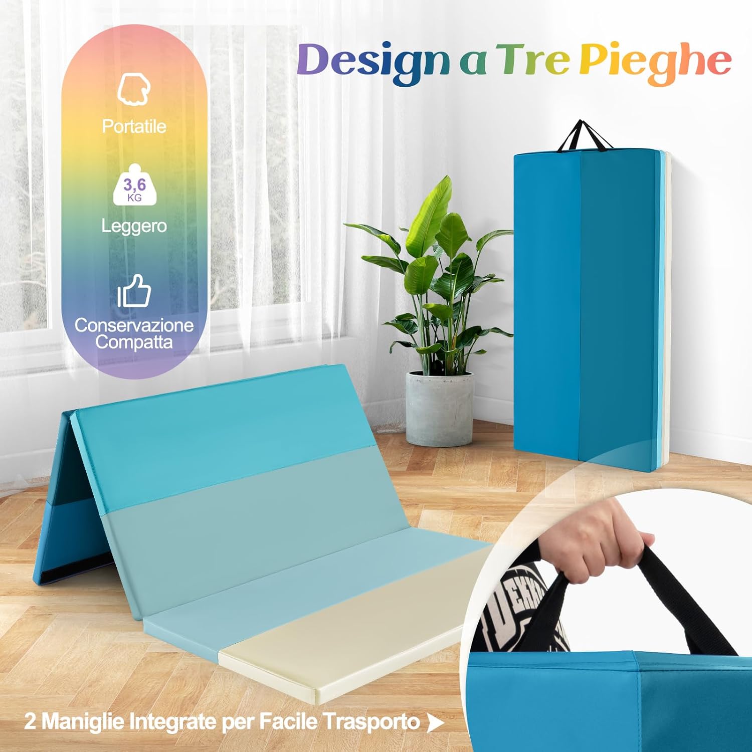 Tappetino da Ginnastica Pieghevole, Tappetino Portatile e Leggero con Maniglie, Tappetino per Yoga e Allenamenti per Stretching e Capriole da Casa e Palestra