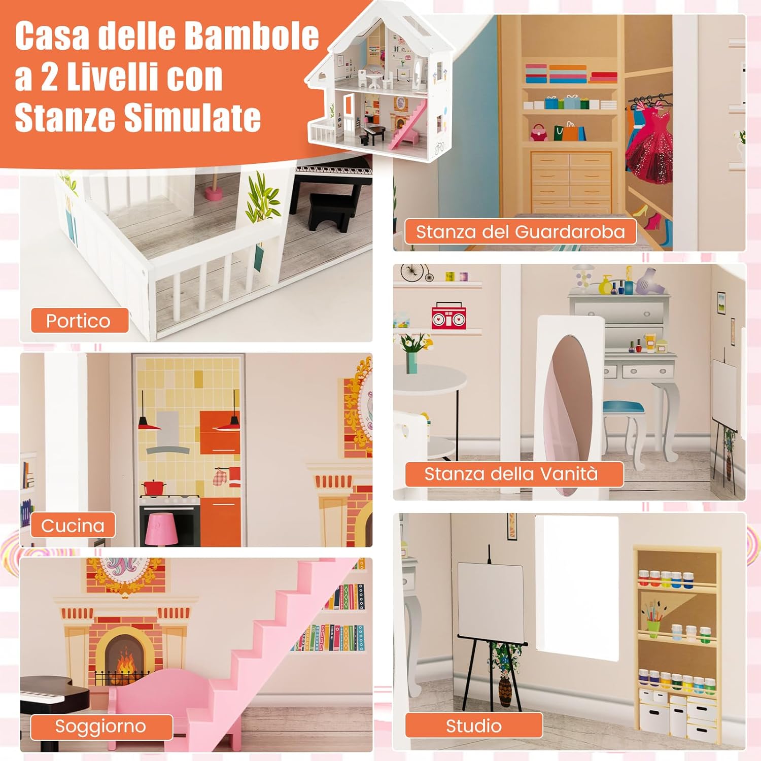 Casa delle Bambole in Legno per Bambini, Casa delle Bambole con Stanze e Set di Mobili, 2 Grandi Lucernari e Carta da Parati, per Bambini 3 Anni+, Bianco