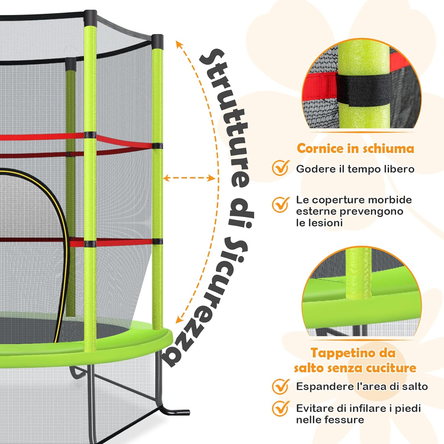 Trampolino Elastico Bambino in Acciaio, Tappeto Elastico Bambini da Esterno e da Interno, con Rete e Cusicnetti Antiscivolo（Verde)