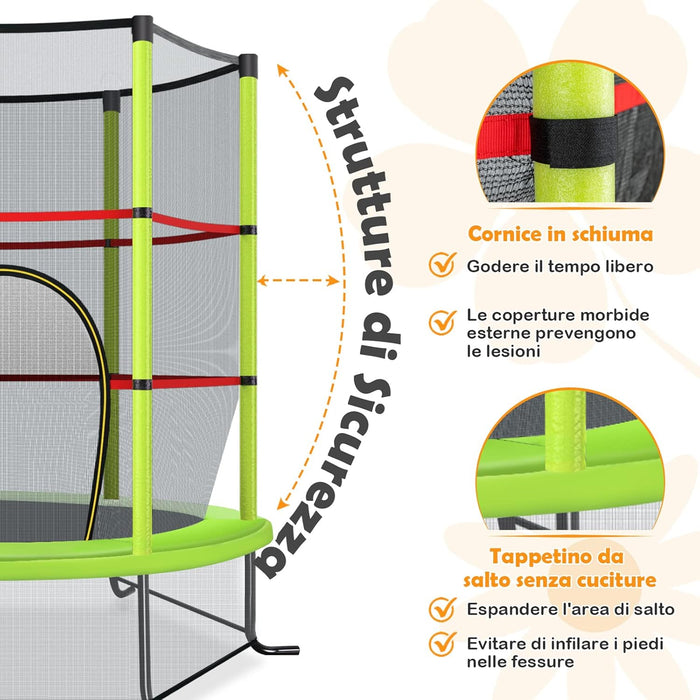 Trampolino Elastico Bambino in Acciaio, Tappeto Elastico Bambini da Esterno e da Interno, con Rete e Cusicnetti Antiscivolo（Verde)