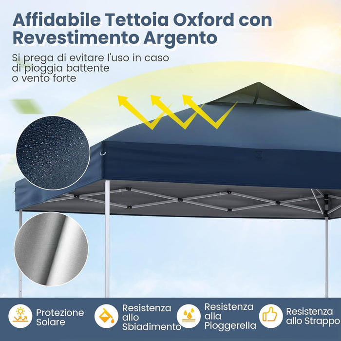 Gazebo Pop-up da 295 x 295 cm, Gazebo da Giardino Impermeabile con Blocco Centrale, Borsa da Trasporto Portatile, Corde Antivento, Picchetti, Tenda Regolabile in Altezza per Feste (Blu Scuro)