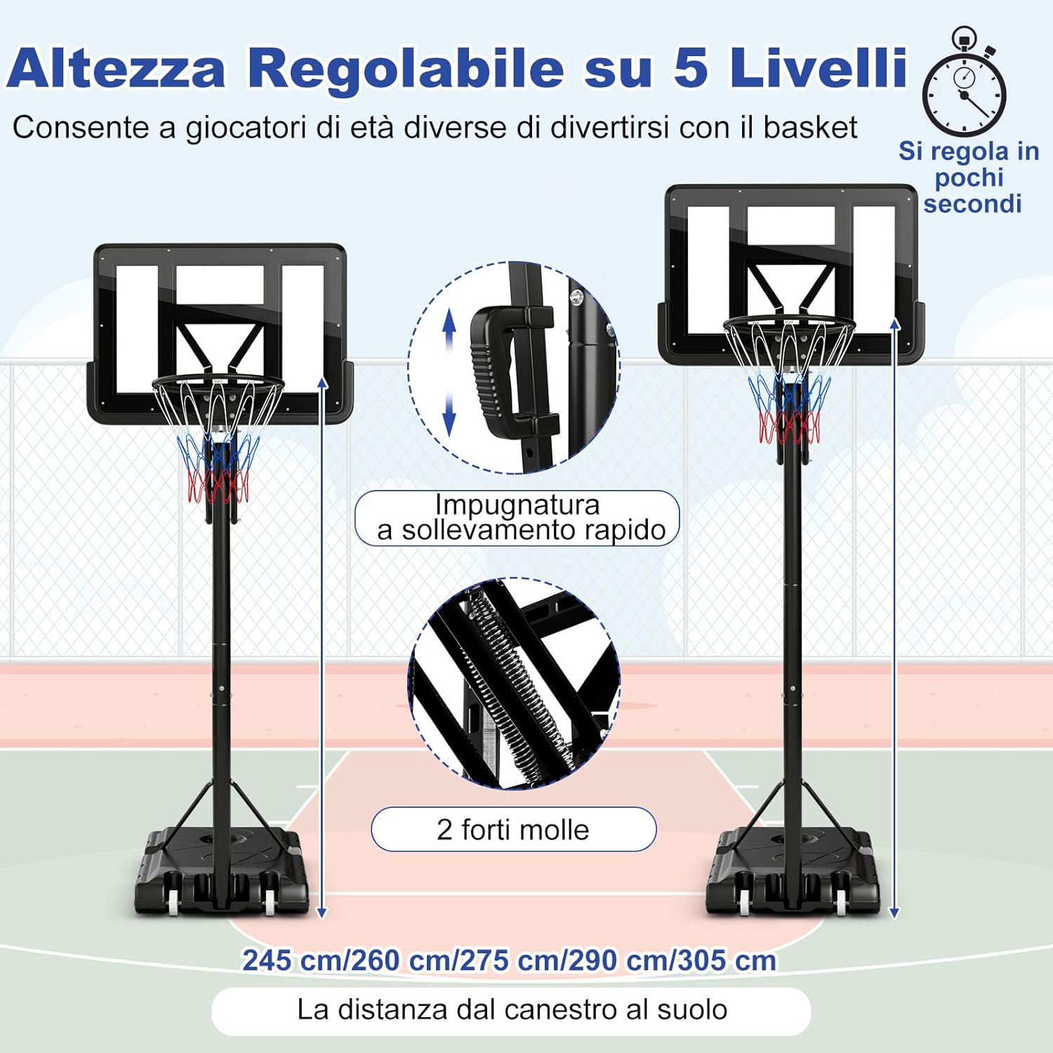 Canestro Basket da Interno ed Esterno per Adulti, Canestro da Basket Professionale e Regolabile in Altezza da 245 a 305 cm con Tabellone da 111cm, Base Riempibile e 2 Ruote