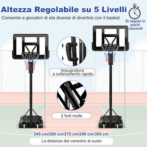 Canestro Basket da Interno ed Esterno per Adulti, Canestro da Basket Professionale e Regolabile in Altezza da 245 a 305 cm con Tabellone da 111cm, Base Riempibile e 2 Ruote