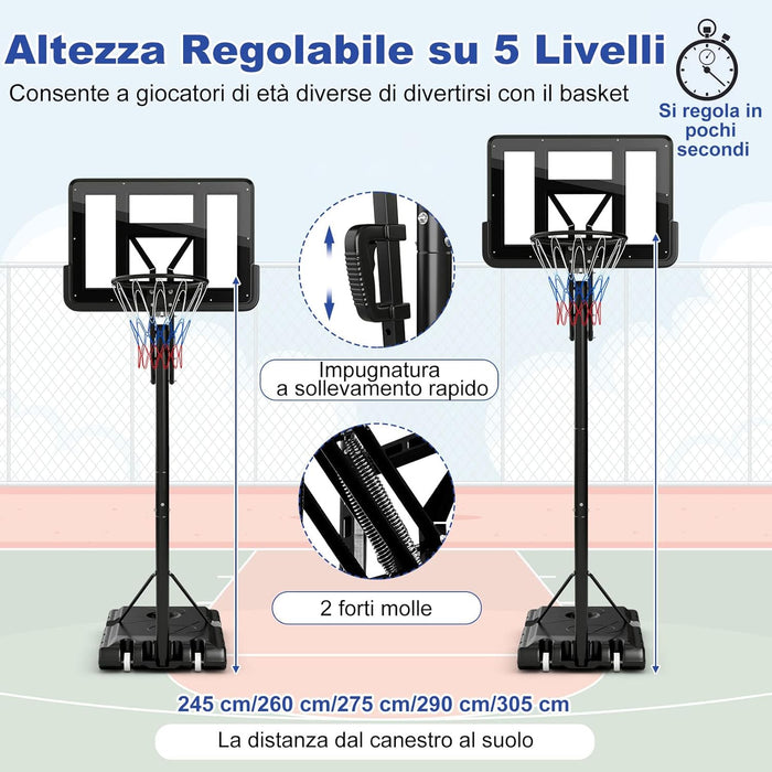 Canestro Basket da Interno ed Esterno per Adulti, Canestro da Basket Professionale e Regolabile in Altezza da 245 a 305 cm con Tabellone da 111cm, Base Riempibile e 2 Ruote