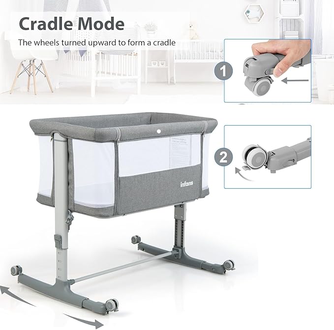 3 in 1, culla regolabile in altezza a 5 livelli, culla con materasso, lettino da viaggio mobile su ruote con navicella, culla per bambini dalla nascita fino a 9 kg (grigio chiaro)