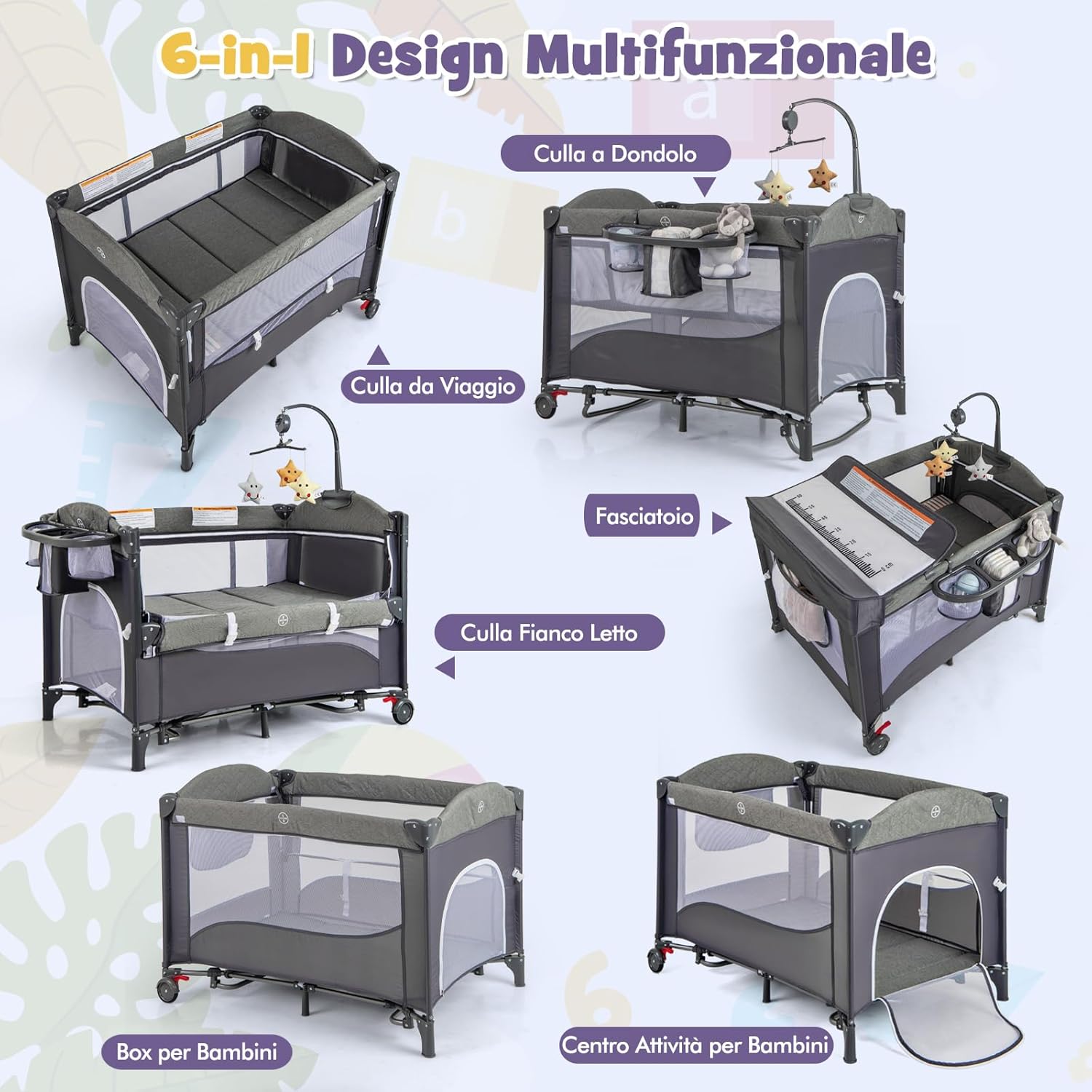 5-in-1 Lettino da Campeggio con Materasso, Lettino per Bambini con Fasciatoio, Lettino Pieghevole e Portabile, Altezza Regolabile in 5 Livelli, per Bambini 0-36 Mesi (Grigio+Grigio Scuro)