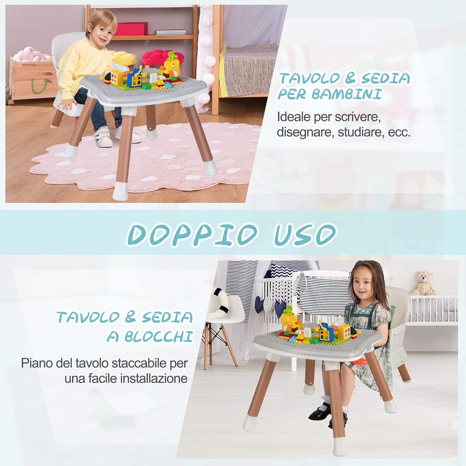 Seggiolone Pappa per Bambini 6 in 1, Seggiolone per Neonati Convertibile, Tavolo per Costruzioni per Bambini, con Imbracatura a 5 Punti, per Bambini da 6 Mesi fino 3 Anni (Bianco+Naturale)