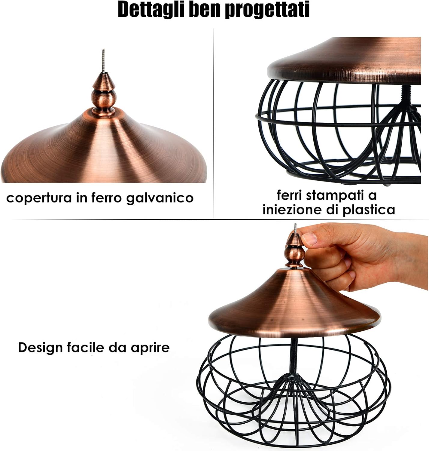 Mangiatoia Uccelli per Giardino da Appendere, Interno e Esterno, in Plastica e Acciaio Inox, Forma di Lampada, 17x17x14cm