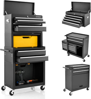 Cassettiera Portautensili a 6 Cassetti, Carrello per Attrezzi con Ruote Bloccabili, con Ripiano rimovibile e Serratura, 61,5 x 33 x 132 cm (Nero)