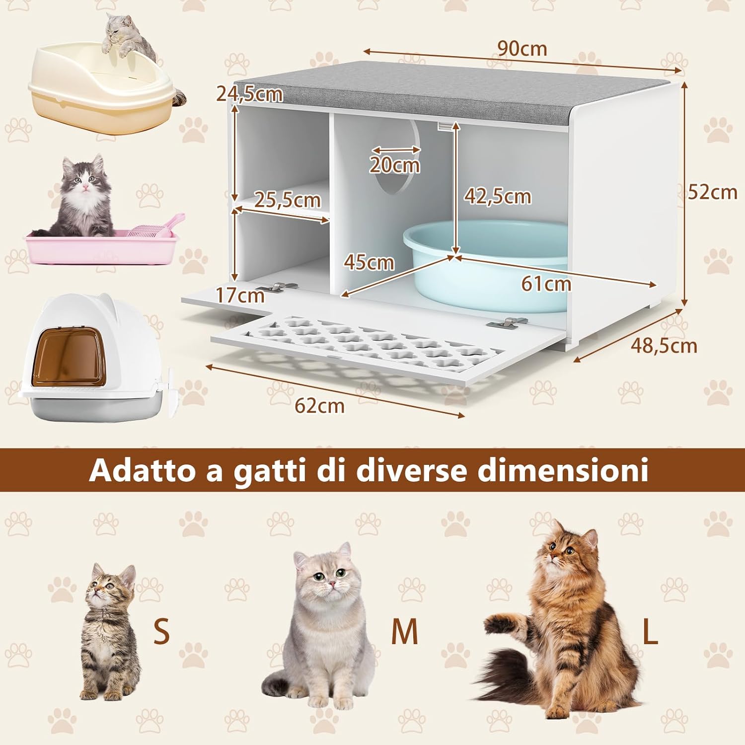 Mobile per Lettiera per Gatti, Panca per Lettiera per Gatti, Mobile Contenitore con Cuscino Rimovibile per Gatti da Interno, Bianco, 90 x 48,5 x 52 cm