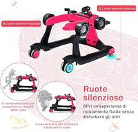 Girello per Bambini 4 in 1, Girello Pieghevole con Altezza e Velocità Regolabili, Carillon con Luci, Volante, Primi Passi per Bambini 6-18 Mesi, Portata 15 kg (Profondo Rosso)