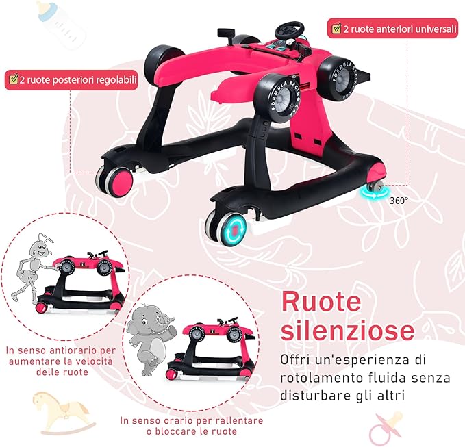 Girello per Bambini 4 in 1, Girello Pieghevole con Altezza e Velocità Regolabili, Carillon con Luci, Volante, Primi Passi per Bambini 6-18 Mesi, Portata 15 kg (Profondo Rosso)