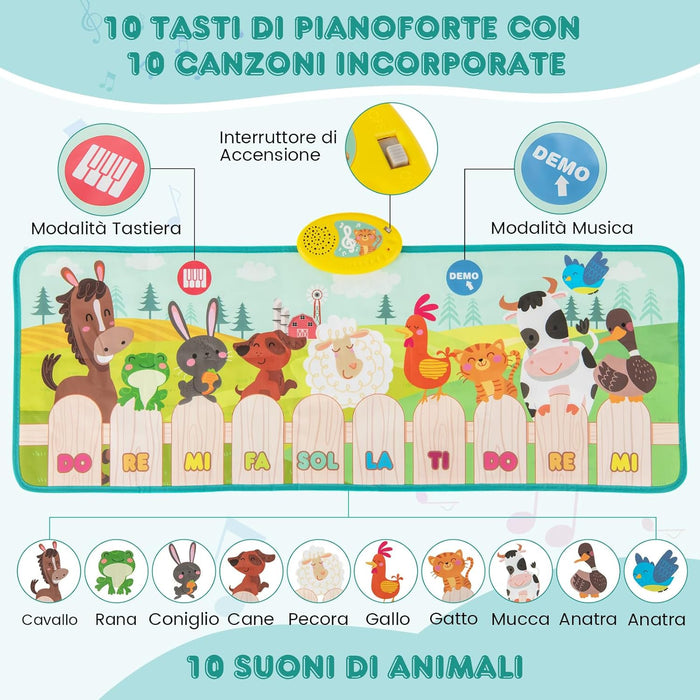Tappeto Musicale per Bambini, Tappetino per Pianoforte da Interno & Esterno con Suoni di Fattoria con Animali e 10 Tasti di Pianoforte, Tappeto con 10 Canzoni Incorporate