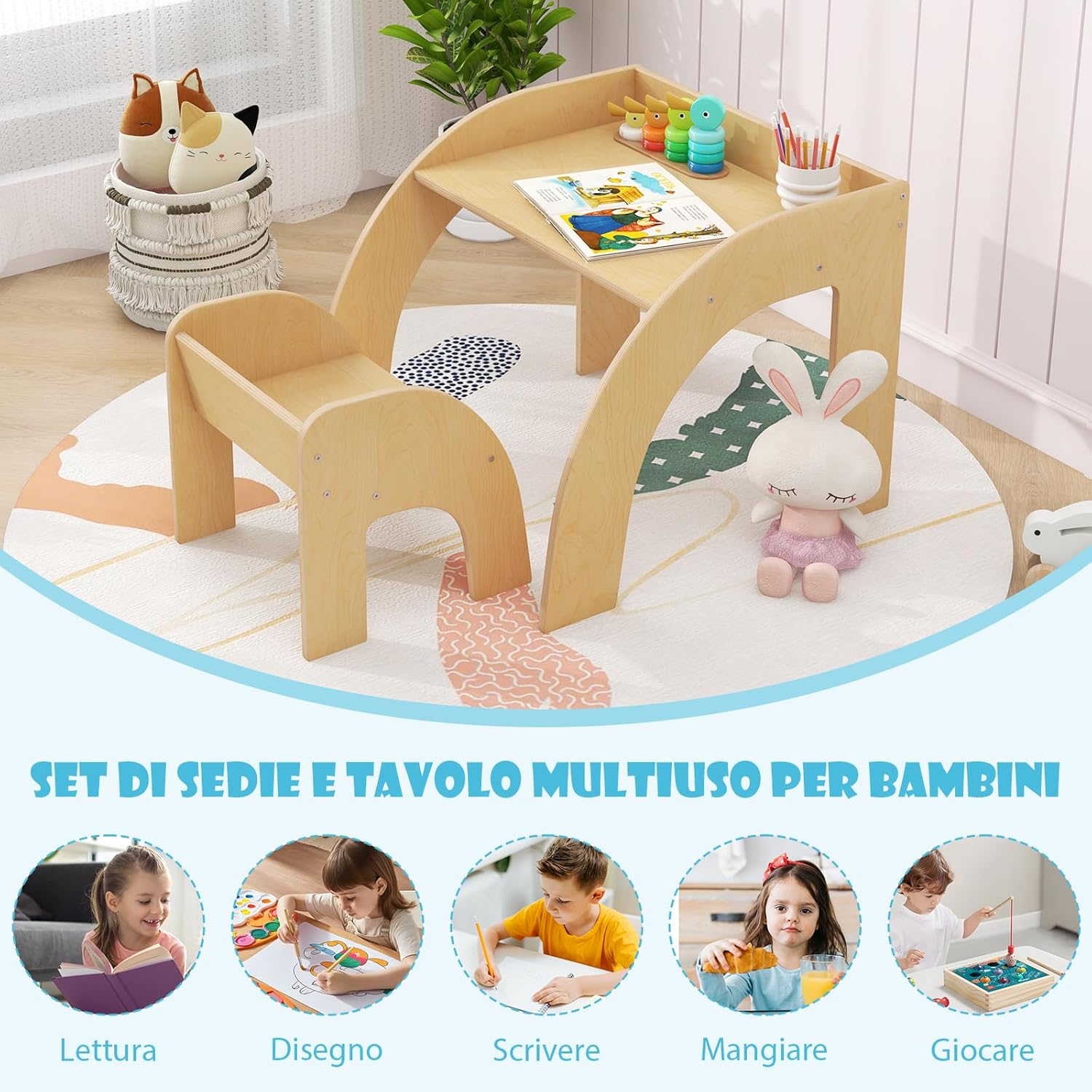 Set Tavolo e Sedie per Bambini 3+ Anni, Tavolino Legno con Sedie per Cameretta con Bordo Curvato e Ampio Piano, Mobile Salvaspazio per Camera da Letto, Soggiorno e Asilo (Naturale)
