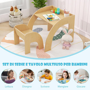 Set Tavolo e Sedie per Bambini 3+ Anni, Tavolino Legno con Sedie per Cameretta con Bordo Curvato e Ampio Piano, Mobile Salvaspazio per Camera da Letto, Soggiorno e Asilo (Naturale)