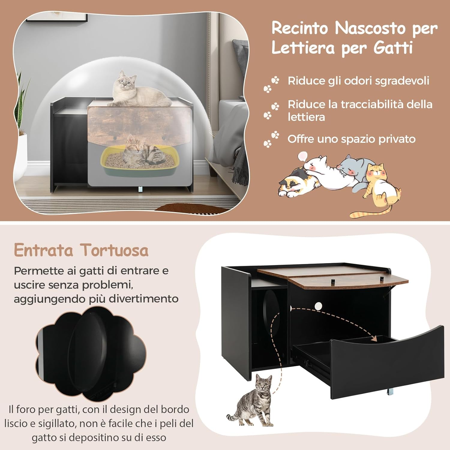 Mobile per Lettiera per Gatti con Cassetto Estraibile, Ruote Girevoli, Anta a Ribalta, Mobile Nascondi Lettiera per Gatti in Legno per Gattini e Gatti di Grandi Dimensioni
