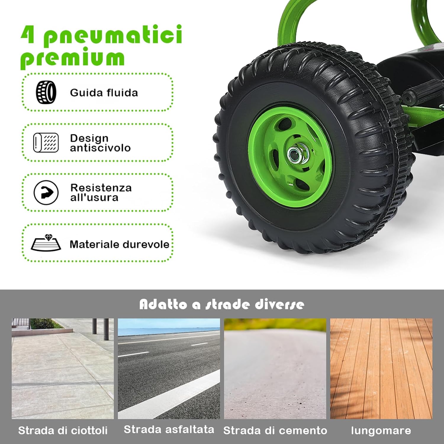 Go Kart a Pedali per Bambini, Go Kart Veicolo con Sedile Regolabile e Freno a Mano, per Bambini 3-6 Anni, Portata Massima 30 kg (Verde)