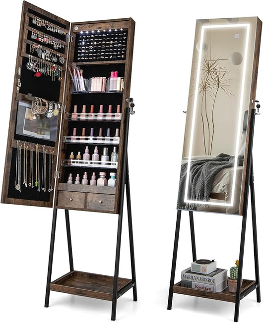 Armadietto Portagioie da Terra, Specchio Portagioie a 3 Colori LED, Specchio per Trucco con Altezza e Angolo Regolabile, Organizer per Gioielli con Ripiani e 2 Cassetti Interni (Industriale)