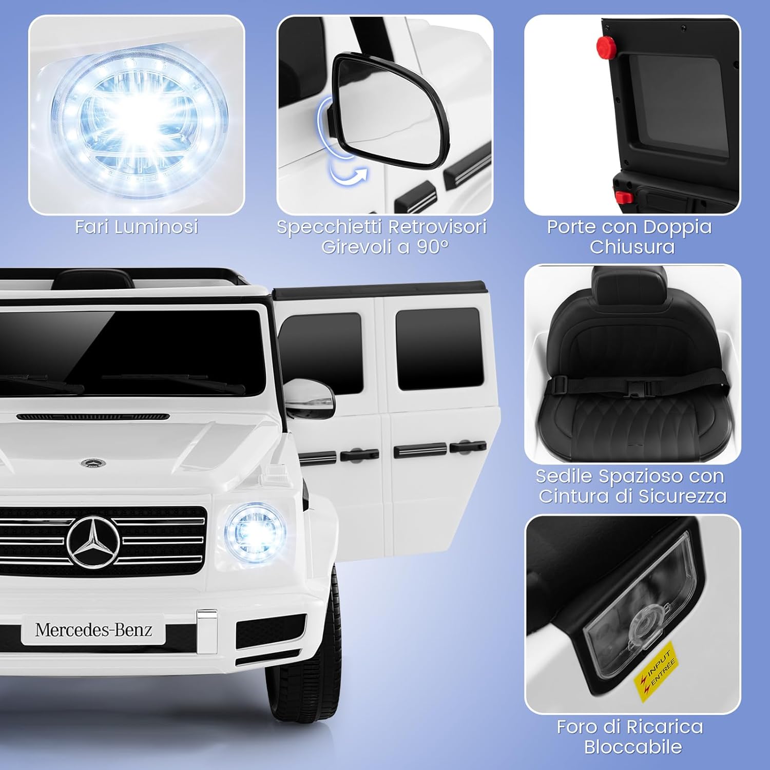 Mercedes-Benz G500 Auto Elettrica per Bambini, 12V Macchina Elettrica con Telecomando 3 Velocità Musica e Luci LED, Funziona Dondolante, Veicolo Elettrico per Bambini 3 Anni+ (Bianco)