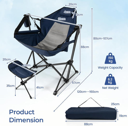 Amaca Sedia da campeggio, sedia pieghevole e portatile con poggiapiedi retrattile, schienale regolabile, poggiatesta e portabicchieri, borsa da trasporto, poltrona a dondolo per esterni (blu