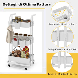 Carrello a 3 Ripiani, Carrello da Cucina Pieghevole con 3 Tazze Appendibili e 6 Ganci, Carrello da Conservazione Multiuso per Casa Ufficio, 45 x 37 x 92 cm