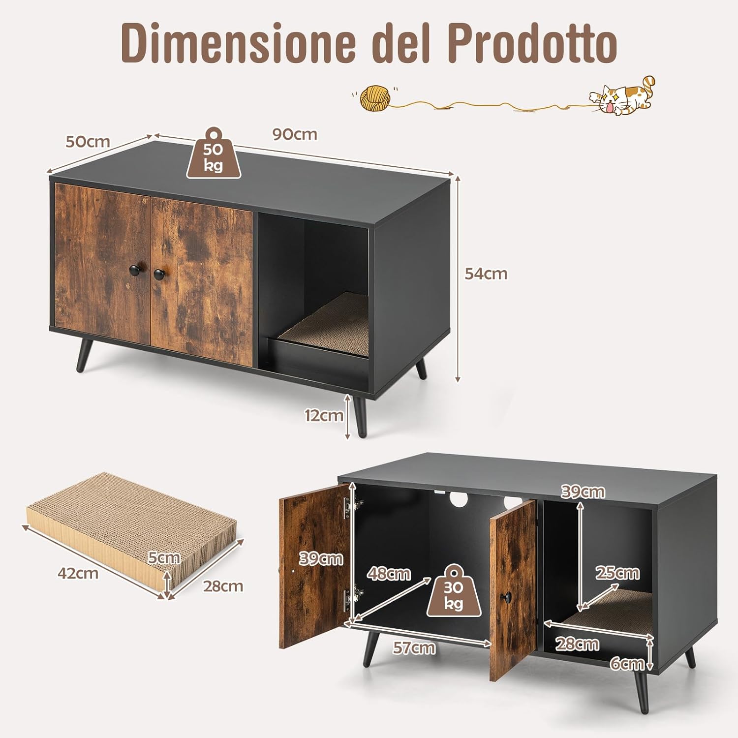 Mobile per Lettiera per Gatti, Casetta per Gatti Moderno con Scomparto a Doppia, Anta, Vano Aperto e Tiragraffi, Mobiletto Multiuso e Moderno da Interno, 90 x 50 x 54 cm