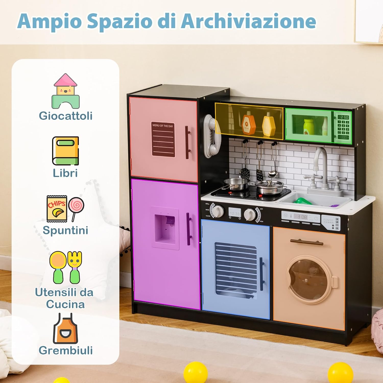 Cucina Giocattolo per Bambini, Cucina Legno per Bambini con Forno, Microonde, Lavatrice, Telefono, Lavello Rimovibile e Rubinetto Rotante, con Luci e Suoni, per Bambini di 3+ Anni (Nero)