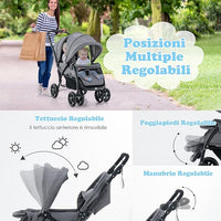 Passeggino Doppio Pieghevole per Bambini, Passeggino Gemellare Pieghevole, con Seduta in Tandem e Tettuccio, Schienale Regolabile, Ruote Bloccabili e Antiurto, Portata Totale 30 kg (Grigio)
