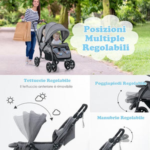Passeggino Doppio Pieghevole per Bambini, Passeggino Gemellare Pieghevole, con Seduta in Tandem e Tettuccio, Schienale Regolabile, Ruote Bloccabili e Antiurto, Portata Totale 30 kg (Grigio)