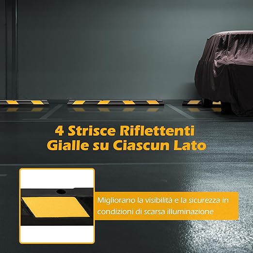 Fermaruote in Gomma per Parcheggi e Garage, Ferma Ruote con Strisce Riflettenti Gialle Capacità di Carico di 4 Ton, Barriera Parcheggio per Auto e Camion 183 x 15 x 10 cm, Nero e Giallo
