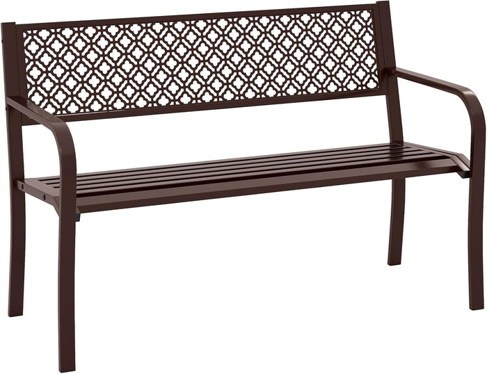Panchina da Esterno 2-3 Posti, Panca in Metallo con Schienale Motivo Geometrico, Braccioli e Seduta a Doghe, Sedia Moderna per Parco, Cortile e Giardino (Bronzo, 127 x 59 x 82 cm)