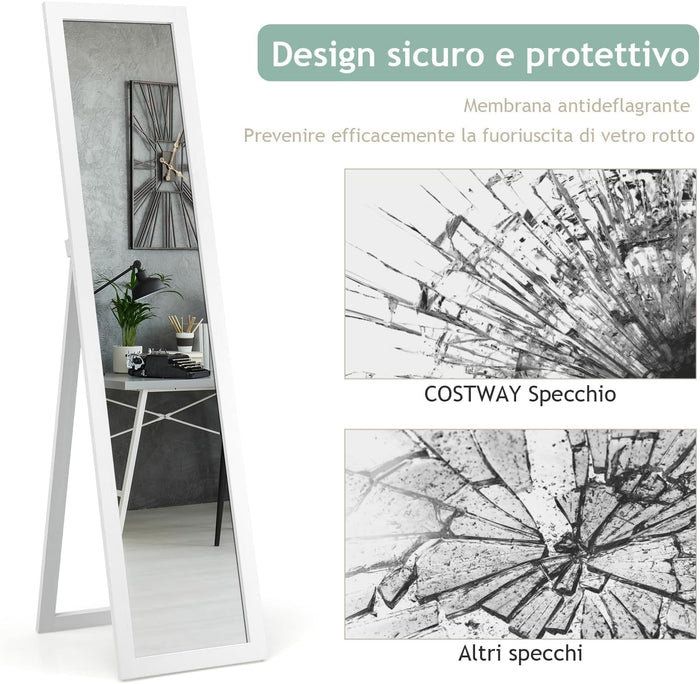 Specchiera da Terra Autoportante a Figura Intera, Specchio Rettangolare, in Legno (Bianco)