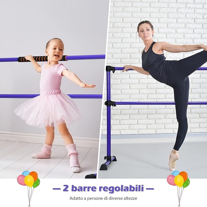 Sbarra da Balletto Doppia in Metallo, Portatile e Regolabile in Altezza con Cuscinetti Antiscivolo e Base Girevole, Ideale per Allenamento Stretch, Carico Massimo 50 kg