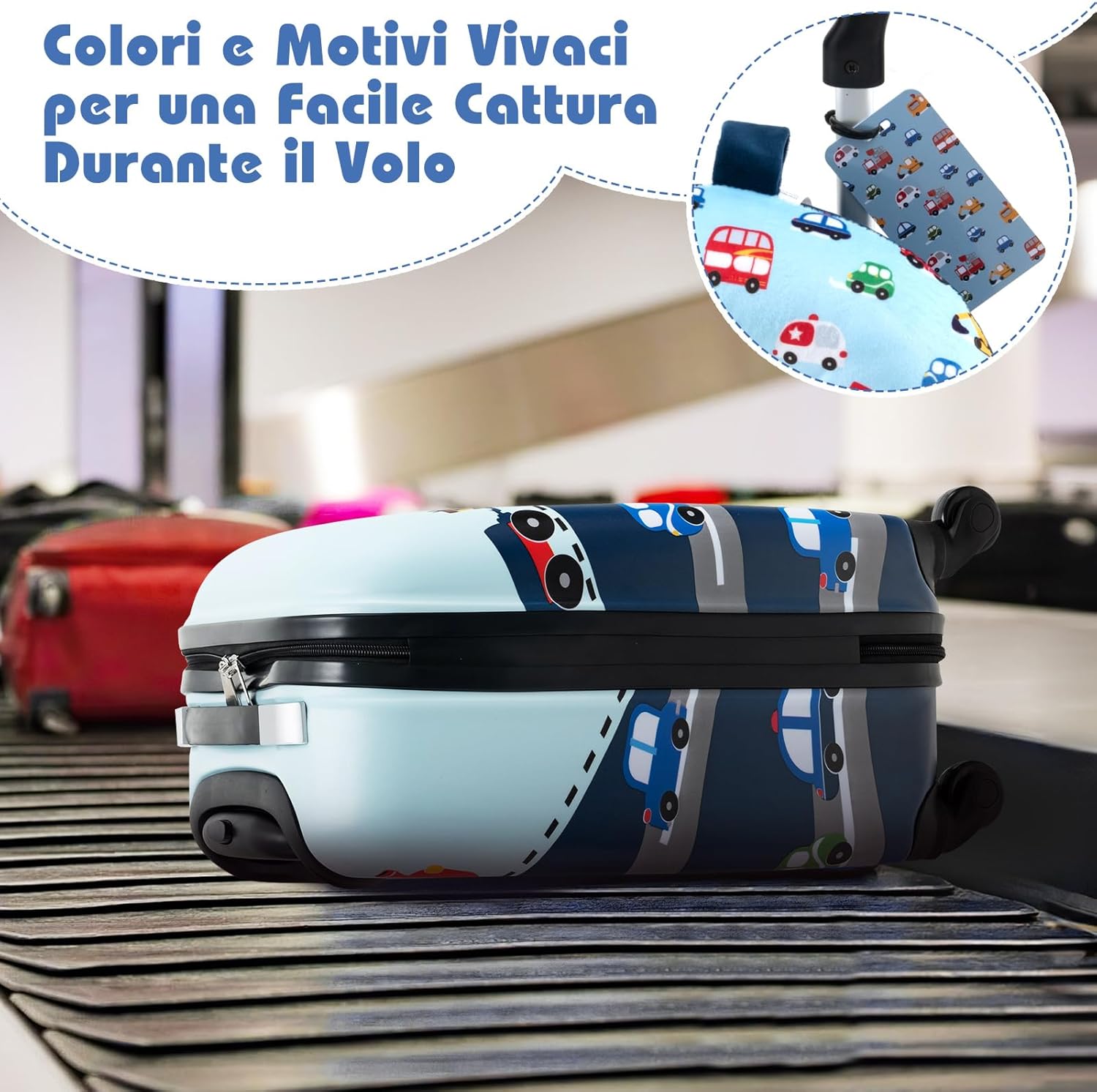 5 Pezzi Valigia per Bambini, Valigia con ManicoTelescopico da 16" con 13" Zainetto, Cuscino per Il Collo, Etichetta per Bagaglio, Borsa per Il Pranzo, con Ruote Girevoli a 360 ° (Modello 3)