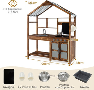 Set da Cucina per Bambini, Cucina da Giardino con Tettoia, Rubinetto Girevole e Lavello Rimovibile, Fornelli e Manopole Realistici, Lavagna, per Bambini 3-7 Anni