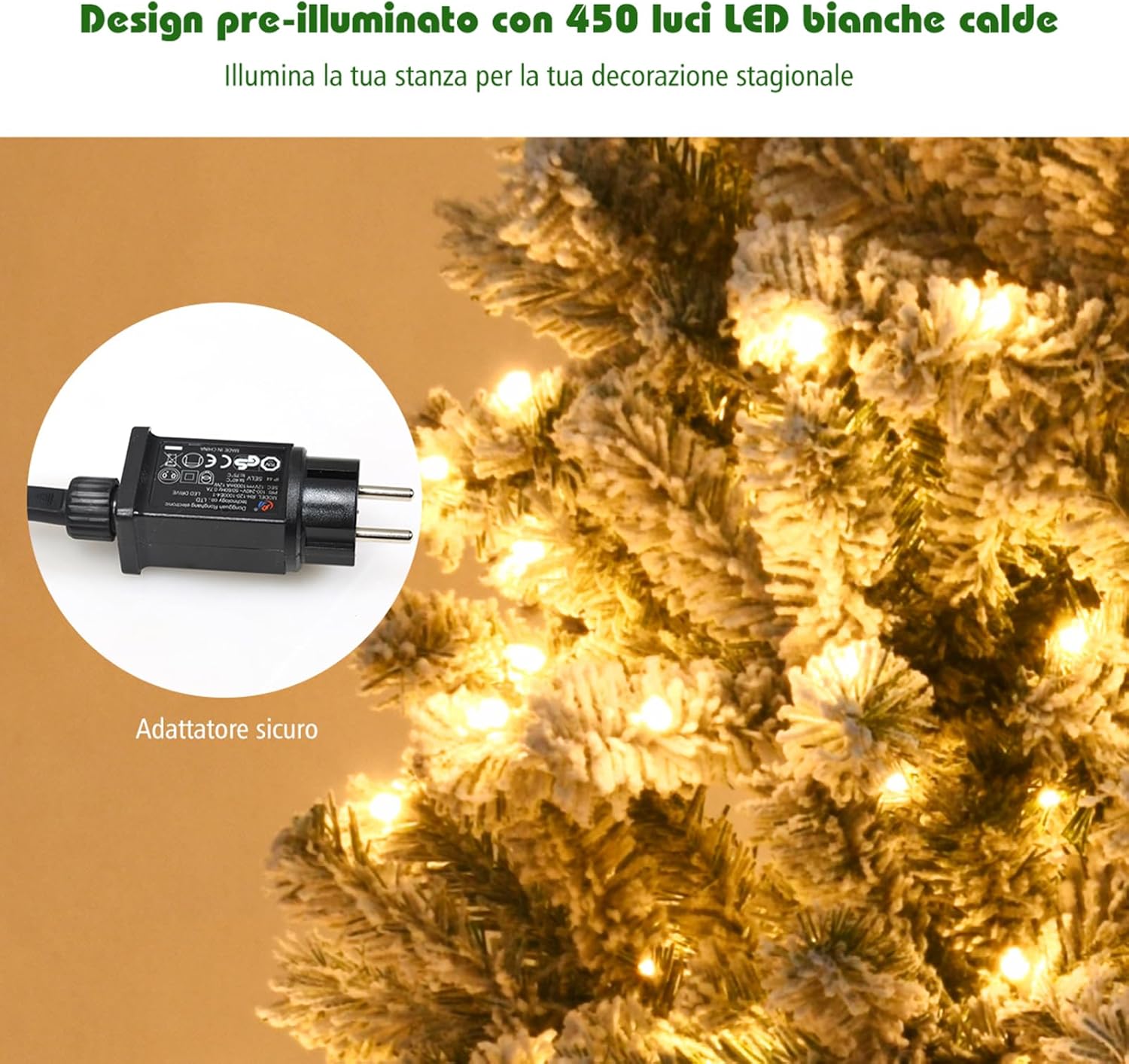 Albero di Natale Innevato 180/225 cm, Albero di Natale con 250/450 Luci a LED Bianco Caldo, 600/1010 Rami Folti e Base Metallica, Ideale per Casa, Ufficio e Negozio (225 CM)