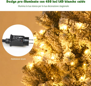 Albero di Natale Innevato 180/225 cm, Albero di Natale con 250/450 Luci a LED Bianco Caldo, 600/1010 Rami Folti e Base Metallica, Ideale per Casa, Ufficio e Negozio (225 CM)