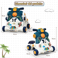 3 in 1 Primi Passi Cavalcabile Spingibile, Giocattolo Educativo con Musica e Luci, con 4 Ruote Antiscivolo, Ideale per Bambini 6-36 Mesi (Blu)