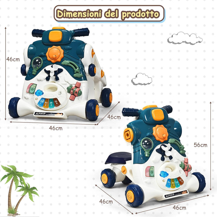 3 in 1 Primi Passi Cavalcabile Spingibile, Giocattolo Educativo con Musica e Luci, con 4 Ruote Antiscivolo, Ideale per Bambini 6-36 Mesi (Blu)