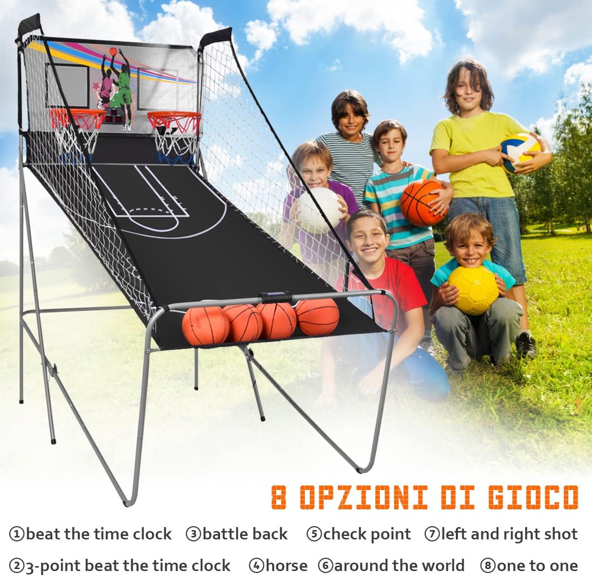 Macchina da Pallacanestro Elettronica, Canestro Basket da Camera a Doppio Tiro Pieghevole con Punteggio Elettronico, 4 Palle, 8 Modalità di Gioco e 2 Canestri (Grigio)