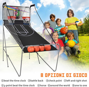 Macchina da Pallacanestro Elettronica, Canestro Basket da Camera a Doppio Tiro Pieghevole con Punteggio Elettronico, 4 Palle, 8 Modalità di Gioco e 2 Canestri (Grigio)