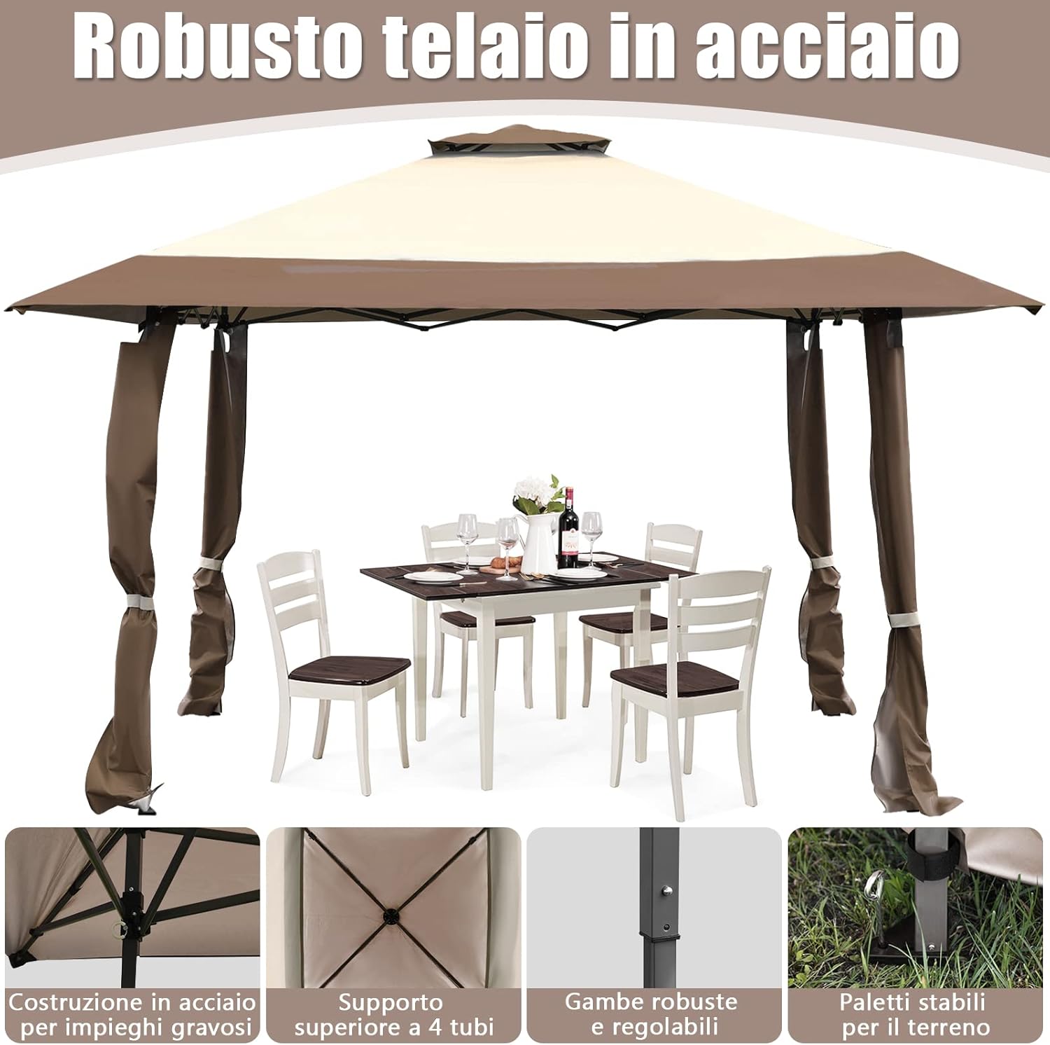 Gazebo da Giardino 3,95 x 3,95 M, Gazebo da Esterno con Tetto a 2 Livelli e 3 Altezze Regolabili, con Borsa,Tessuto Oxford, Ideale per Feste, Barbecue, Giardino, Spiaggia (Marrone)