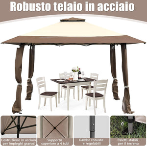 Gazebo da Giardino 3,95 x 3,95 M, Gazebo da Esterno con Tetto a 2 Livelli e 3 Altezze Regolabili, con Borsa,Tessuto Oxford, Ideale per Feste, Barbecue, Giardino, Spiaggia (Marrone)