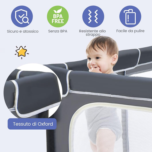 Recinto per Bambini, Box per Bambini con Rete Traspirante, Centro Attività per Bambini con 50 Palline, Box Giochi per Bambini 0-3 Anni (Grigio Scuro, ‎124 x 124 cm)