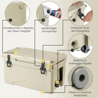 Frigorifero da Campeggio da 28 Litri, Frigo Portatile con Manico Resistente e Scarico, Freddo Fino 5-7 Giorni con Portabicchieri Integrati per Barbecue, Campeggio, Picnic, Pesca