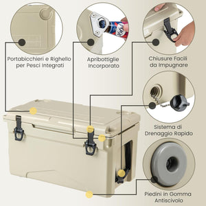 Frigorifero da Campeggio da 28 Litri, Frigo Portatile con Manico Resistente e Scarico, Freddo Fino 5-7 Giorni con Portabicchieri Integrati per Barbecue, Campeggio, Picnic, Pesca