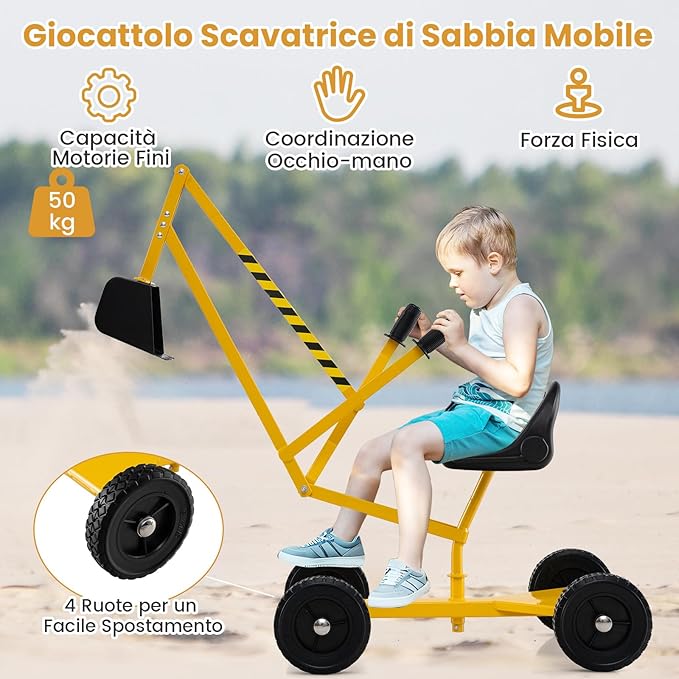 Ruspa Giocattolo per Bambini, Escavatore Cavalcabile con Controlli a 2 Mani Pala Flessibile, Sedile Rotabile a 360°, 4 Ruote, Ideale per Bambini 3 Anni+